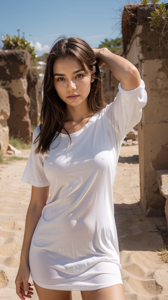 20 year old girl, Super beautiful, ojos claros brillantes, piel blanquita, rostro delicado con toques de rubor,  Brown hair, vestido ajustado corto blanco, modeling pose, looking at the horizon distracted