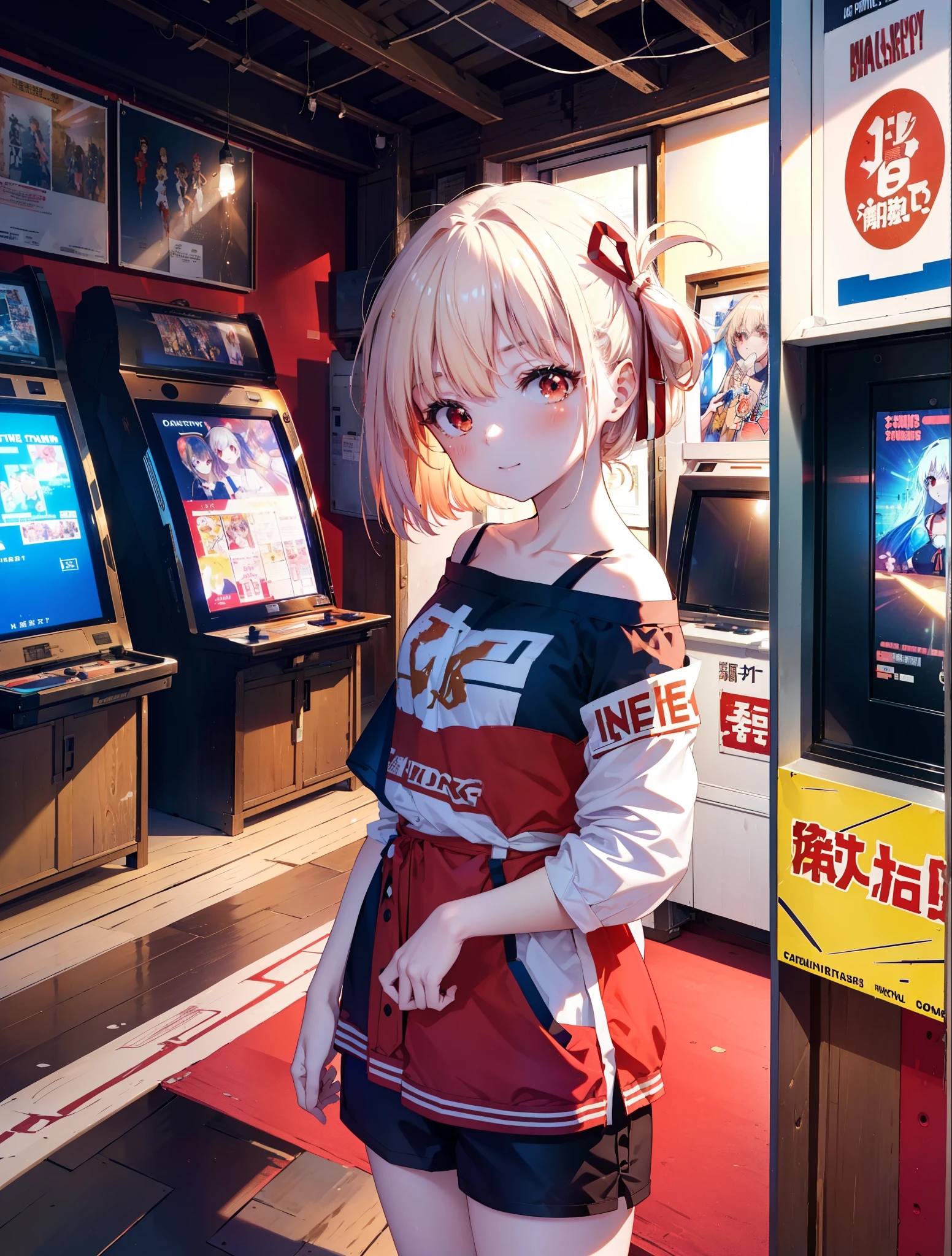 chisatonishikigi, nishikigi chisato, bangs, blonde hair, (red eyes:1.5), hair ribbon, one side up, long hair,happy smile, smile, open your mouth,off shoulder dress,shorts,short boots,足を組んでChairに座っている, game_center, scenery, arcade cabinet, Chair, poster (object), indoor ,s4g4m1,
break outdoors, city,
break looking at viewer, (cowboy shot:1.5),
break (masterpiece:1.2), highest quality, High resolution, unity 8k wallpaper, (shape:0.8), (fine and beautiful eyes:1.6), highly detailed face, perfect lighting, Very detailed CG, (perfect hands, perfect anatomy),