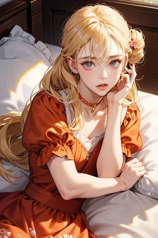 Despite being a pillow, Roselinen has a human-like appearance. She has peach-colored skin, a round face, waist-length blonde hair, and black dots for eyes. She wears an orange, floral dress for most of her appearance (unlike Jay or Bonnie). She has large lips but a small mouth, and is slightly shorter than Finn. When she and Finn are married, Roselinen wears her blonde hair in a bun with two strands framing her face. In her middle-age, her features are paler and her hair is now in two ponytails, framing her face. When Finn is on his deathbed, Roselinen's hair is white, and she wears a red dress with light-orange ropes around her collar and sleeves. Her face is now even paler and has more wrinkles. SPARKLE; GLITTER