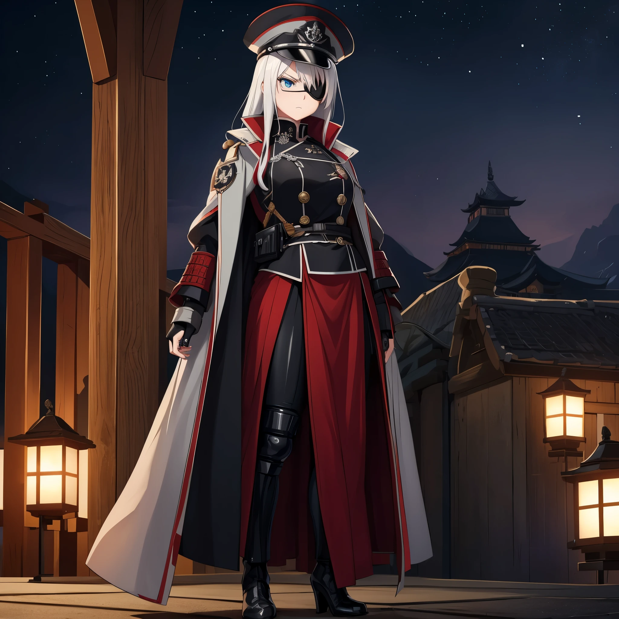A woman, with silver hair with a reddish tone, light blue eyes, wearing an eye patch, wearing black heavy samurai armor, with iron cross symbols on her silver coat, black officer's hat with dress detail, with iron cross, heels with iron cross detail, in a Japanese castle at night, serious face. ,HDR, ultra resolution, well defined, masterpiece, 8K HD. (solo woman)
