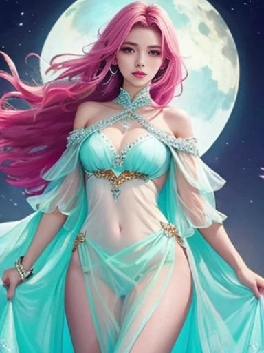 Beautiful and slim perfect body、Very long bright pink hair、cool look、whole body expression、medium breasts、Off-the-shoulder white bikini armor、Light blue see-through dress、The background is a desolate land at night