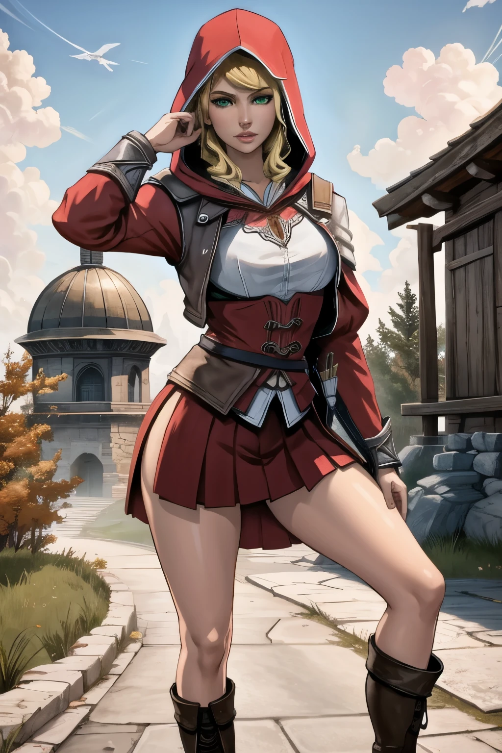 1 chica, alone, young girl, joven, Стиль Assassin's Creed, ropa corta, poca ropa, botas hasta la rodilla, Pulseras en las piernas, Ciudad medieval al fondo, Renacimiento, muy detallado, Realistic long-term photography., 4k, ropa, poca ropa, pelo largo, long hair, pelo rubio, blonde hair, ojos verdes, green eyes, pechos grandes, pechos, big breast, breasts, hood, capucha,Chica con traje de Assassin's Creed Altair con capucha, hood, Assassin symbol's Creed en la cintura