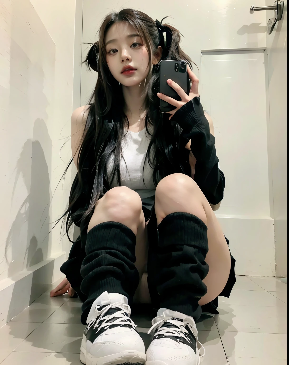 araffe girl with long black hair sitting on the floor taking a selfie, cruel korean goth girl, Ulzzang,  coreana, com preto pigtails, linda jovem coreana, usando saia e meias altas, cute face with arms and legs,  Asian,  Asian with long hair, linda mulher sul-coreana, imagem de perfil, com preto, Anime garota tailandesa