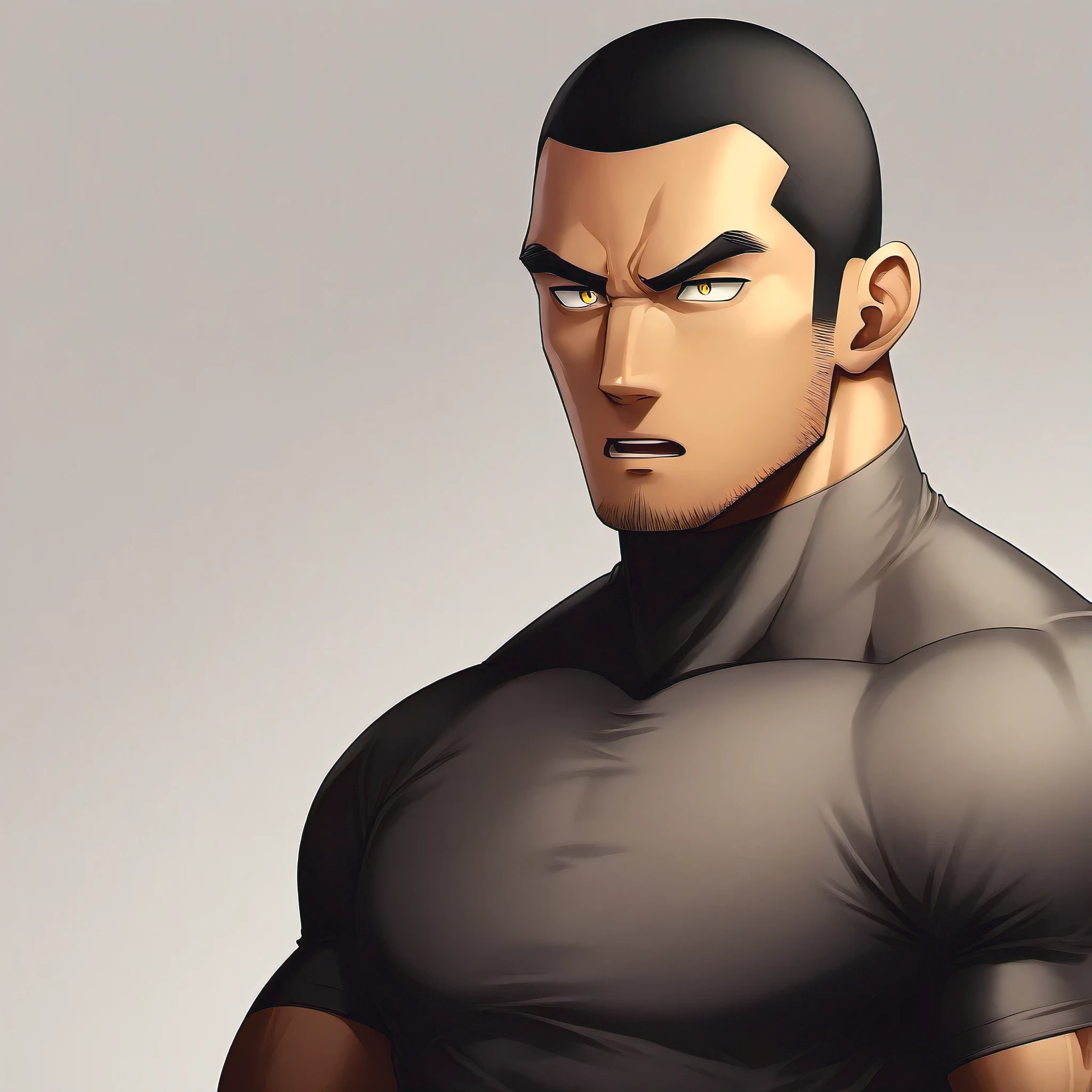 anime characters:Handsome uncle, 30 year old muscular uncle, male focus, Coffee-colored skin, Dark grey turtleneck tight T-shirt, superman logo, muscular male, muscular, bara, Upper body, Buzz Cut, alone, Black short hair, stubble, yellow eyes, White background, Simple background, amazing quality, best aesthetics, ridiculous, bright pupils, short hair, open lips, v-shaped eyebrows, jitome, best quality