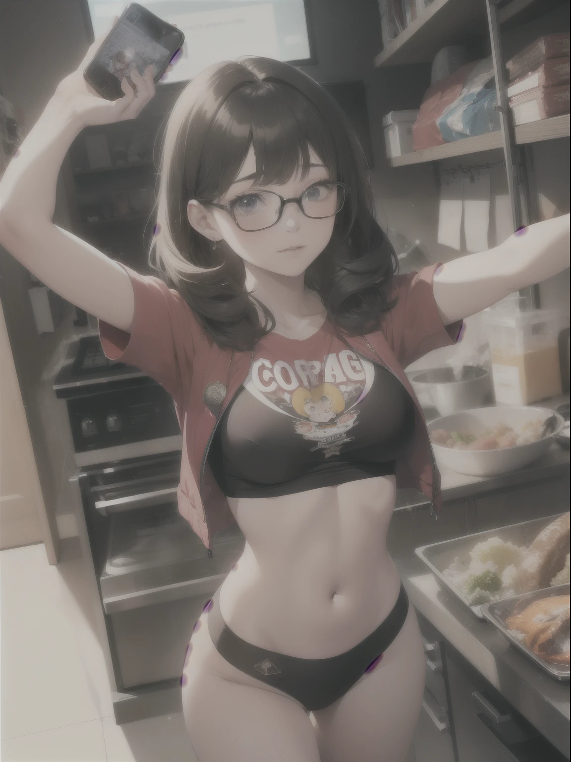 (((cintura para cima))), (((corpo perfeito))), (((Voluptuoso))), (((quente))), coxas grossas, Velma Dace Dinkley adolescente (from the Scooby-Doo series), posing for self with a ghost behind her, arm stretched towards the load as if she were holding a cell phone, Comic scene, corpo perfeito, rosto lindo e inteligente, vista frontal, mini-saia, copos, seios grandes, quente, cabelo castanho curto, blusa laranja com gola alta, saia vermelha, cintura para cima