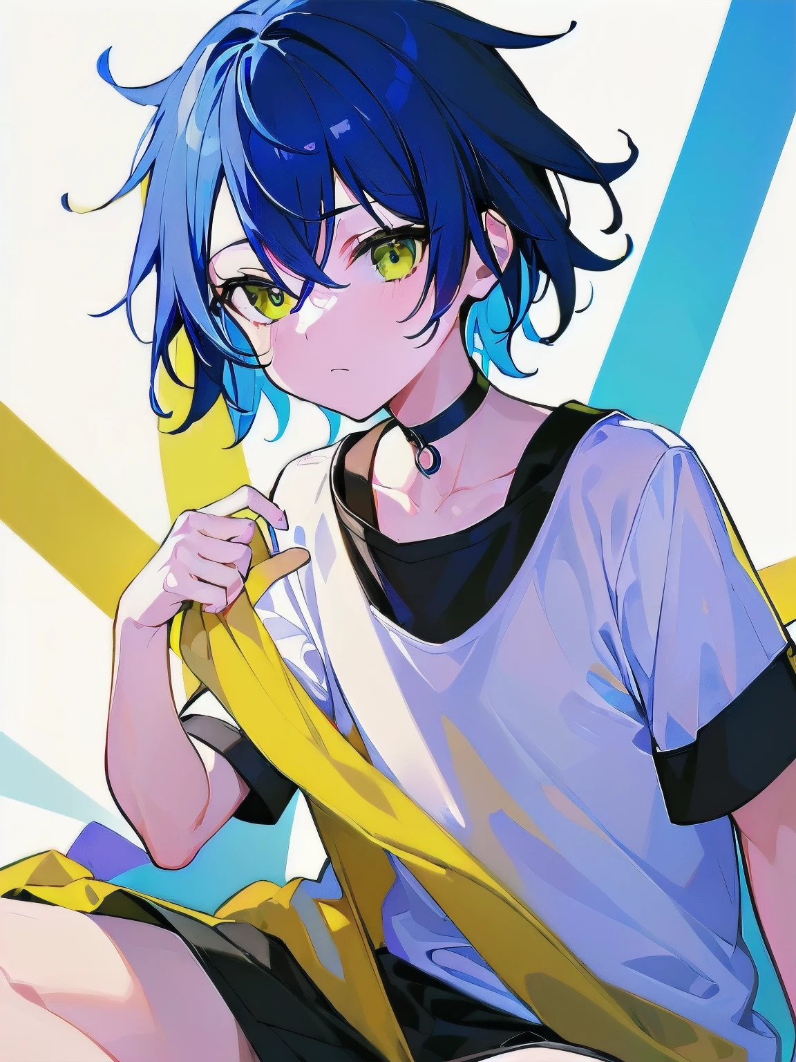 [(WHITE BACKGROUND:1.5),::5], ((((masterpiece)))), high quality, very_high_resolution, large_filesize, full color, ((younger boy)), , short deepblue hair, vivid color, ((yellow eye)), civilian clothes white, anime, Below the knee to upper body