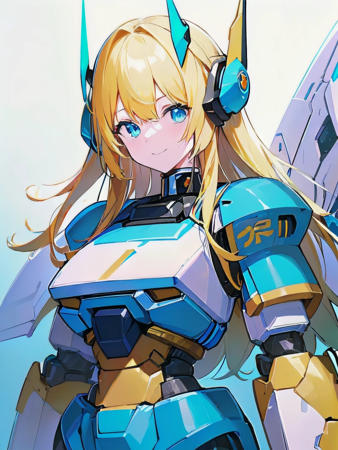 [(WHITE BACKGROUND:1.5),::5], masterpiece, absurdres, best quality, best aesthetic, ultra detailed, 1girl, solo, yellow hair, long hair, blue eyes, science fiction, (mecha musume:1.4), mechanical parts, headgear, v-fin, mechanical wing, mechanical Armor, smile face, ((neon light blue)), Below the knee to upper body