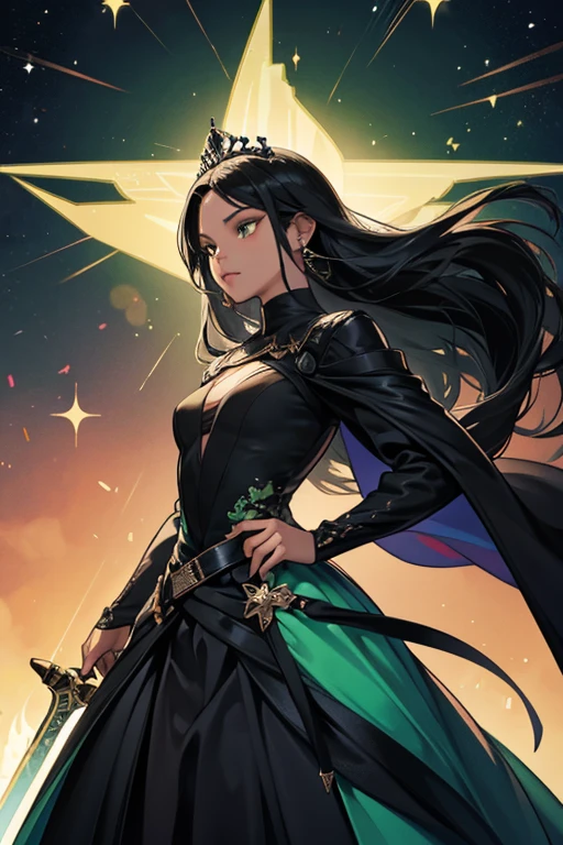 Like everything else in the game, she is black with a green outline. She has waist-length hair, and she wields a medium-length two-handed sword. She also wears a tiara similar. SPARKLE; GLITTER