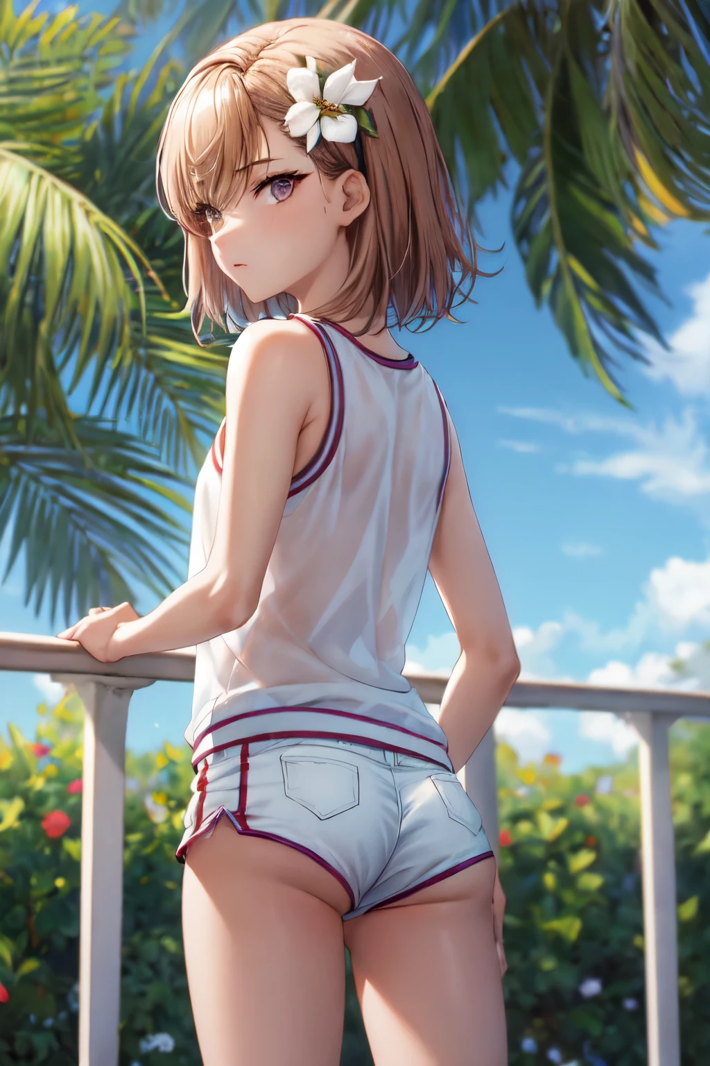 masterpiece, best quality, highres, aamikoto, short hair, hair flower, gym uniform, bare shoulders, sleeveless shirt, white shirt, short shorts, white shorts, standing, cowboy shot, outdoors -yeld fee， （tmasterpiece： 1.4）， （8k， Realiy， RAW photograph， Mejor calidad： 1.4）， rusa， （1 girl in）， Cara hermosa， （Caras reales： 1.4）， （Cabello caramelo， Pelo largo blanquecino： 1.3）， Peinados， Realistic purple eyes， hermosos ojos detallados， （realskin： 1.3）， Pieles hermosas， atractivo， ultrahigh resolution， Ultra foto realsisim， K HD， the golden ratio， （Cara detallada： 1.4）， desnuda. con pelo corto y negro，Bragas transparentes blancas empapadas，NSFW，El grande，Big butt emphasis，The nipple areola has a clear shape，gaze at the camera，sitting on the couch，La forma de los genitales es transparente y transparente，Empapado de sudor，Poses lascivas（Doblar las rodillas y las piernas abiertas）