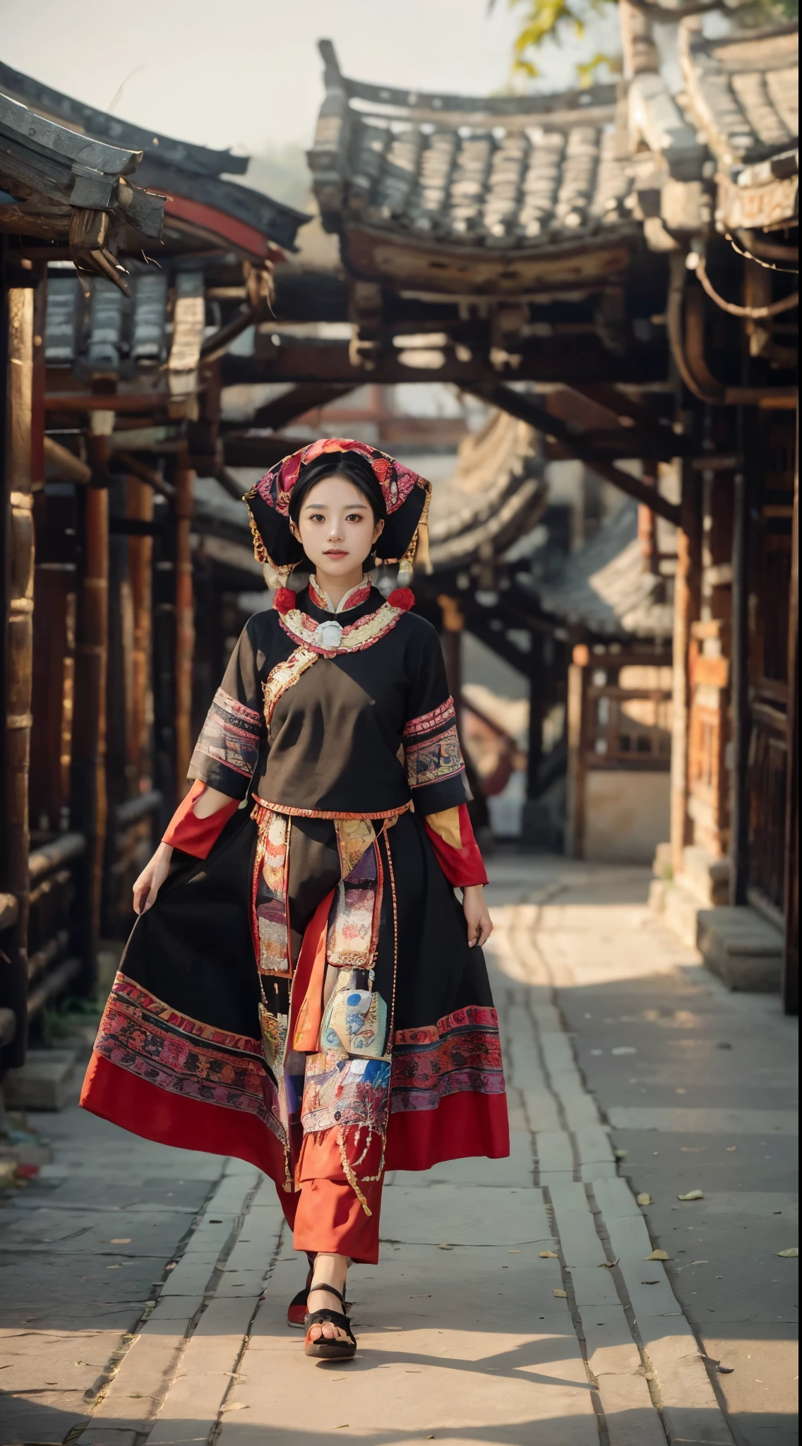 a girl，Wearing the traditional costumes of the Zhuang people，Walking towards the camera，Looking up，The front of the face faces the audience，background：bamboo forest，stone bridge