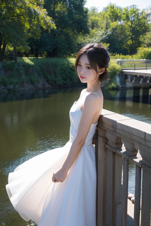 best quality, masterpiece, soft light, 1 girl, alone, ,White tutu,On the bridge,crossing the river