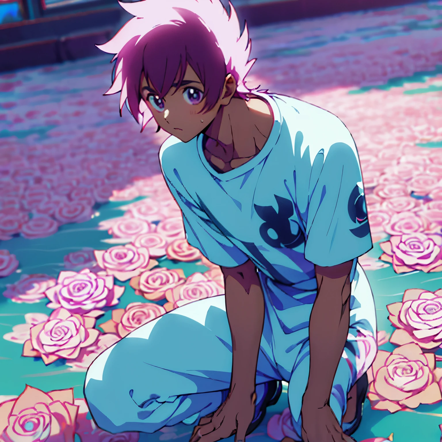 Anime, homem, pele escura com manchas rosas, cabelo encaracolado rosa pastel, olhos lavandas, corpo fofo
