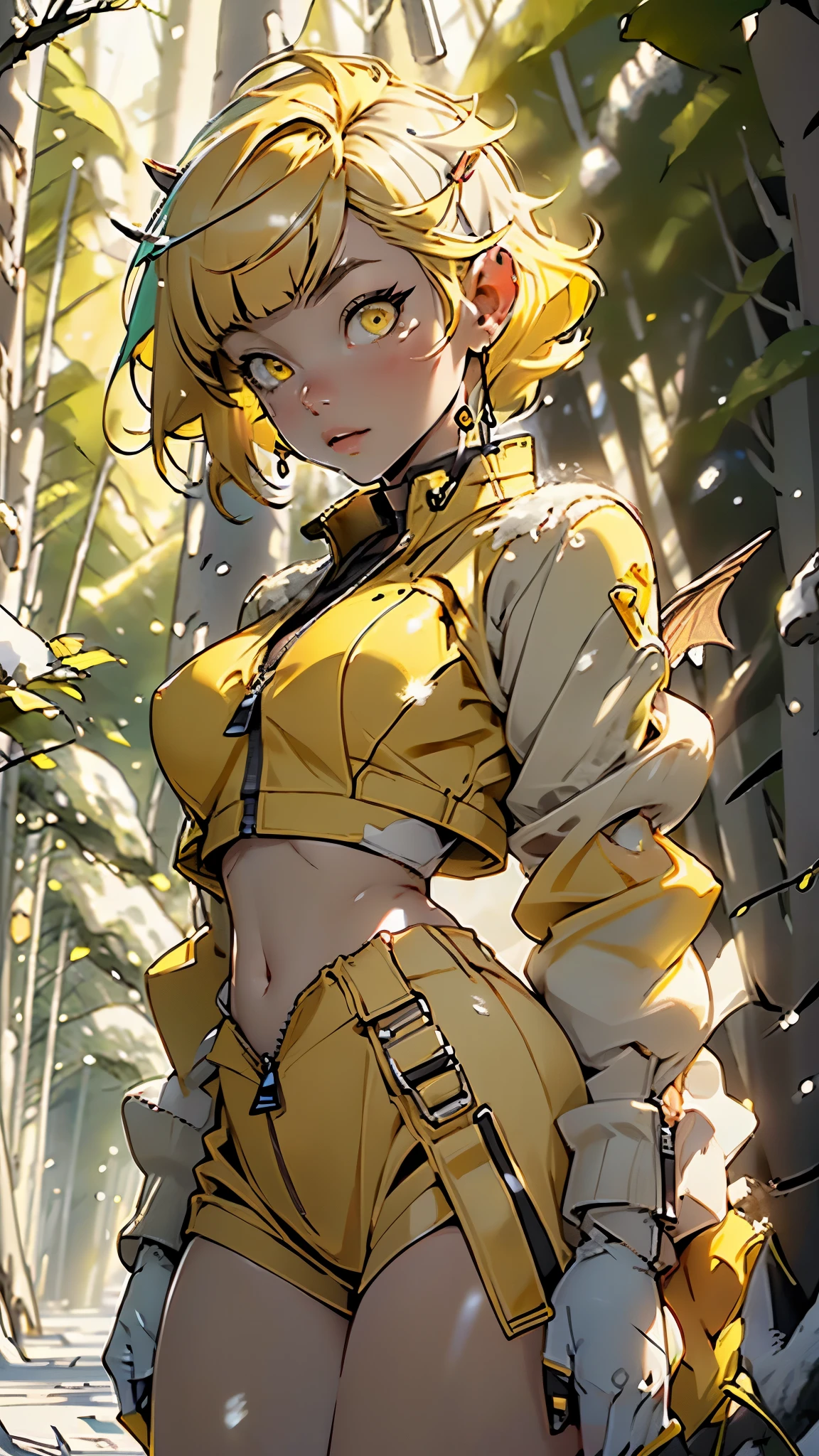 woman, 1 person, body muscle, Tomboy, Small breasts, short stature, Eye Color Hazel:, Skin color: Dark tan, hair color: Dirty Blonde, Hairstyle: Short wavy and romper hair, Color base: yellow,Erect nipples