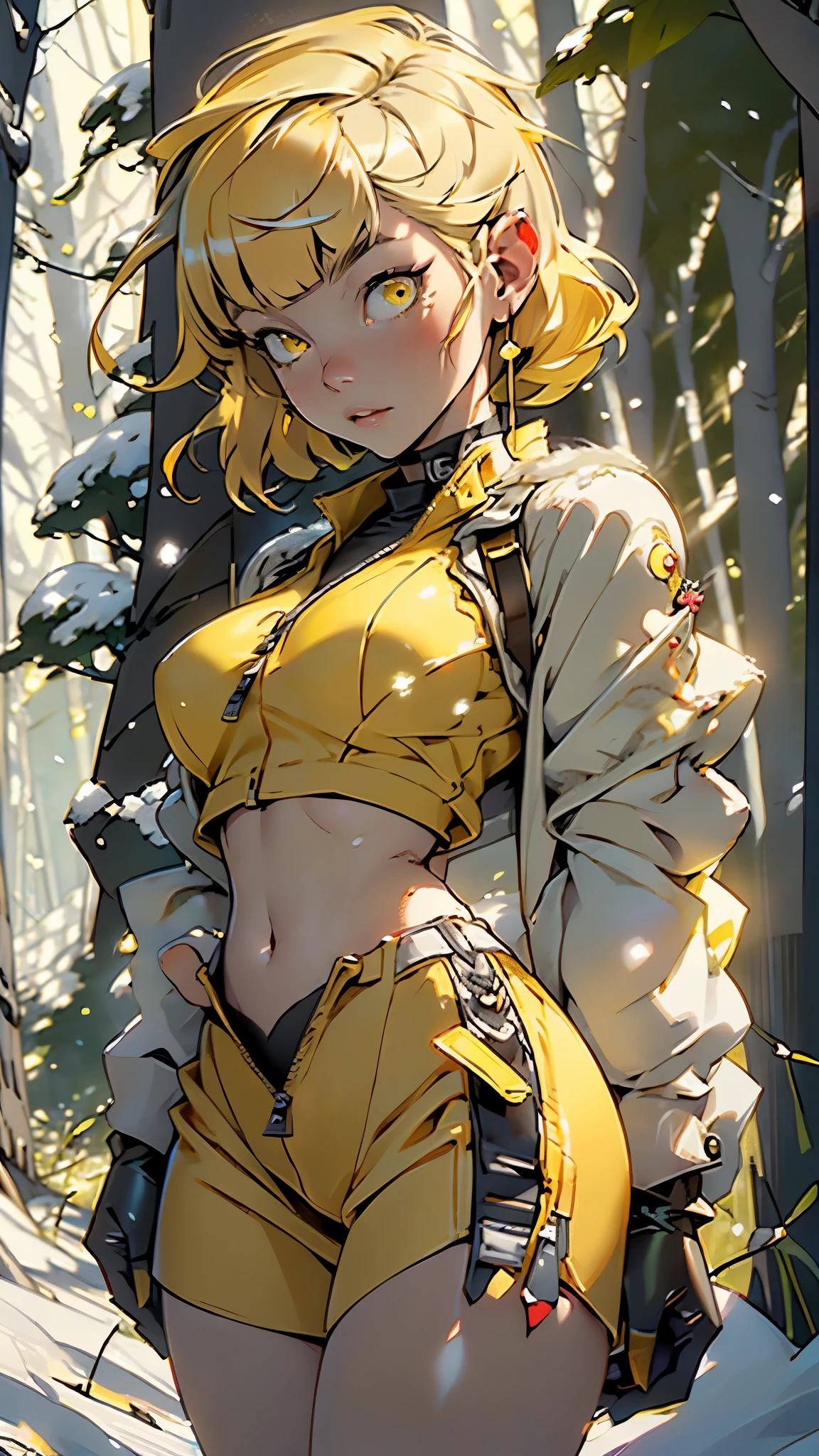 ((Demon girl,demon wings, yellow wings,demon horns)), 1 demon girl, girl,1girl,((extremely cute and beautiful demon yellow haired girl)),(large breasts:1.4),((((short yellow hair:1.35,bangs,colored inner hair,ear breathing)))),(((yellow_eyes:1.3))),intricate eyes,beautiful detailed eyes,symmetrical eyes,garnet eyes,((((lustrous skin:1.5,tanned skin,bright skin:1.5,skin tanned,shiny skin,very shiny skin,shiny body)))),(spider lower abdomen,narrow waist,wide hip,athletic body,inflated legs,thick thighs,detailed body,(detailed face)),((heart pupils:1.4, heart,hearts,heart marks)),

cute,slutty,seductive,erotic,(nsfw),

choker,latex,leather jacket,yellow shirt,leather short,(yellow theme:1.2),(yellow tone:1.2),black tone,((navel)),(((unzipped, open fly))),

(dynamic pose:1.0),(grin:0.6),provocative,(centered,scale to fit dimensions,Rule of thirds),

((snowy yellow cherry forest:1.5)),winter,scenery:1.25,((intricate scenery)),((snow forest background)),

(Glossy winter ornaments),highres,sharp focus,(ultra detailed,extremely detailed),(photorealistic artwork:1.37),(extremely detailed CG unity 8k wallpaper),(((vibrant colors,vibrant theme))),(intricate),(masterpiece),(best quality),artistic photography,(photography taken by sldr),(intricate background),perfect rendered face,perfect face details,realistic face,photo realistic,((intricate detail)),(((realism))),
