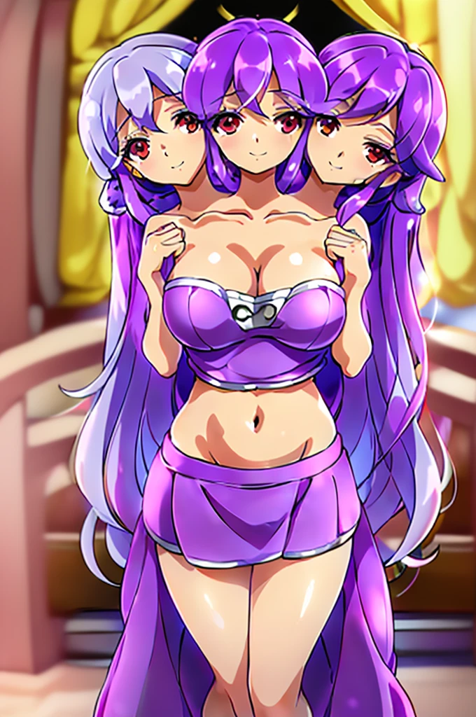 (masterpiece, best quality), best quality, (ultra-detailed), (3heads:1.5), 1girl, (kotohime:1.3), masterpiece, best quality, ultra quality, ultra resolution, ultra detail, purple top, crop top, ((stomach)), midriff, ((groin)), exposed open belly, purple skirt, normal ears, shackles, grey-white hair, very long hair, wavy hair, sidelocks, red eyes, detailed eyes, parted lips, open belly, sweat, cute, toned belly, hand on own chest, eyelashes, (25 year old woman:1.3), (masterpiece:1.5), (best quality:1.5), (beautiful detailed), extremely detailed CG, extremely delicate and beautiful, depth of field, (finely detailed face), (perfect details:1.2), (mature female:1.3), wide pelvis, slender, large veiny breast, 16k resolution, highres, very high quality, very high definition, extremely detailed, masterpiece, purple hair, long hair, alluring presence, braid, short skirt, close up, big tits, young, dog ears, bear straps,