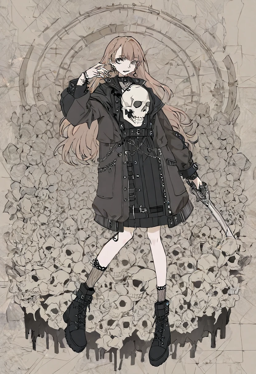 (High quality), (detailed), absurdres, aesthetic, (line art) , (full body), (holding a skull) 1girl, piercings, long hair, intricate jacket, black and white