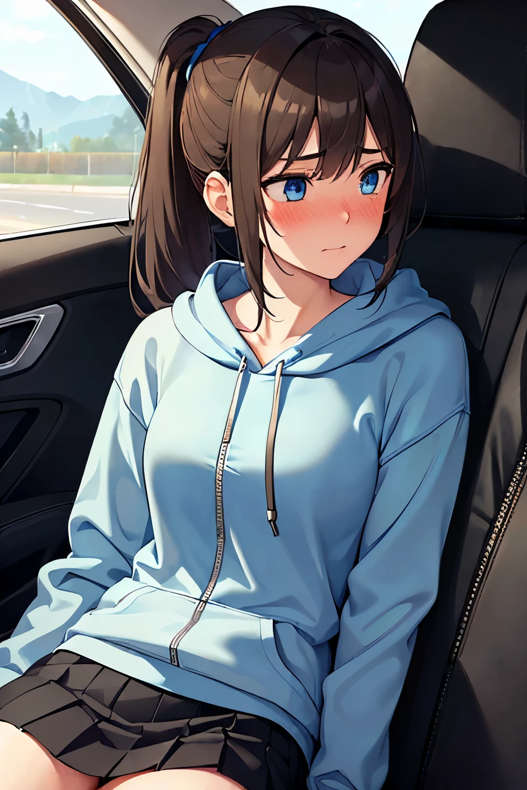 ((best quality)), ((masterpiece)), ((detailed)), (((perfect face))), ((((slender  girl sitting in front seat of car)))), (((black car interior))), (((dark blue pleated skirt from waist to thighs))), ((((light blue zip hoodie))), (((short ponytail))), (((blue eyes))), (((brown hair))), ((shy:1.3)), ((blushing:1.5)), ((skinny thighs)), ((skinny hips)), ((((girl looking away))))