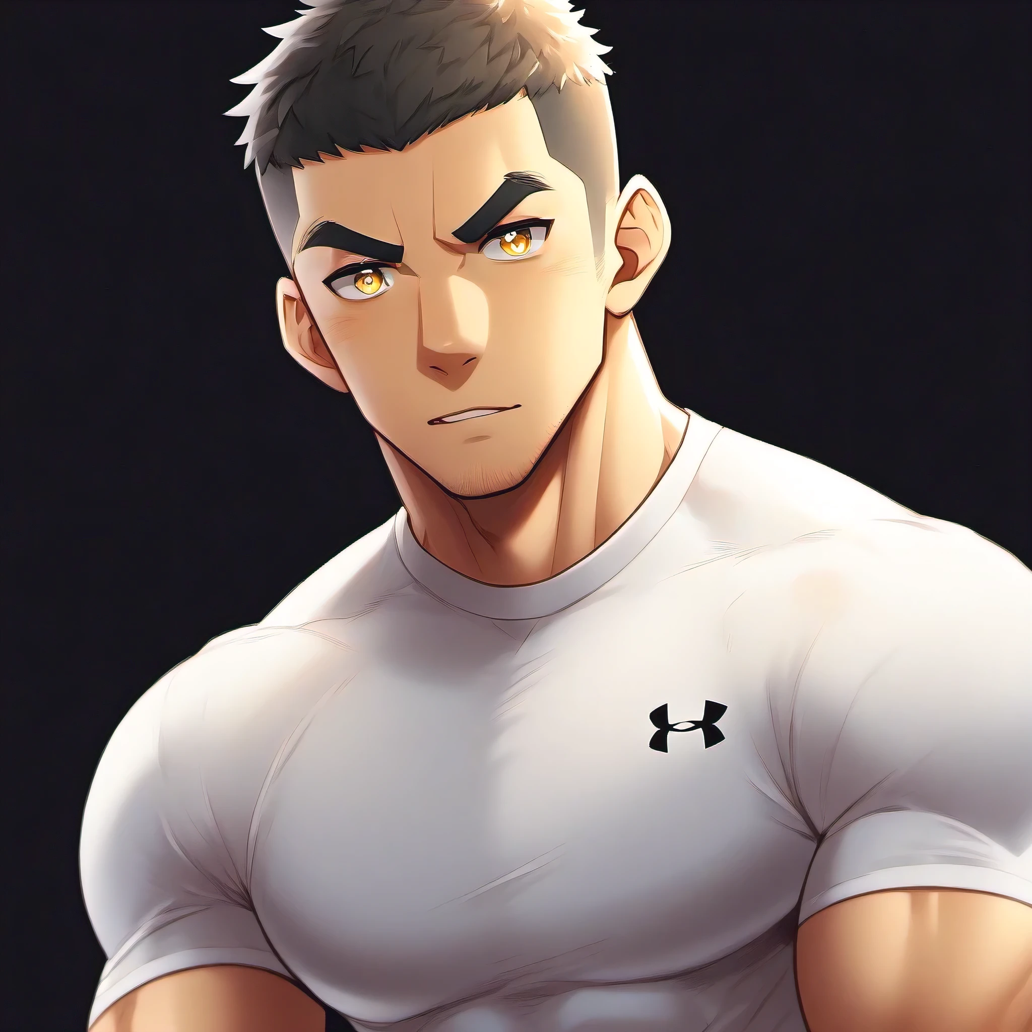 anime characters：Gyee, Fitness coach, ****ung muscular man, male focus, Under Armour sports tight T-shirt, Slightly transparent, muscular male, muscular, only, Upper body, alone, Black short hair, Thick eyebrows, stubble, Yellow eyes, Black background, simple background, amazing quality, best aesthetics, Ridiculous, bright pupils, crew cut, parted lips, embarrassed, forced smile, best quality