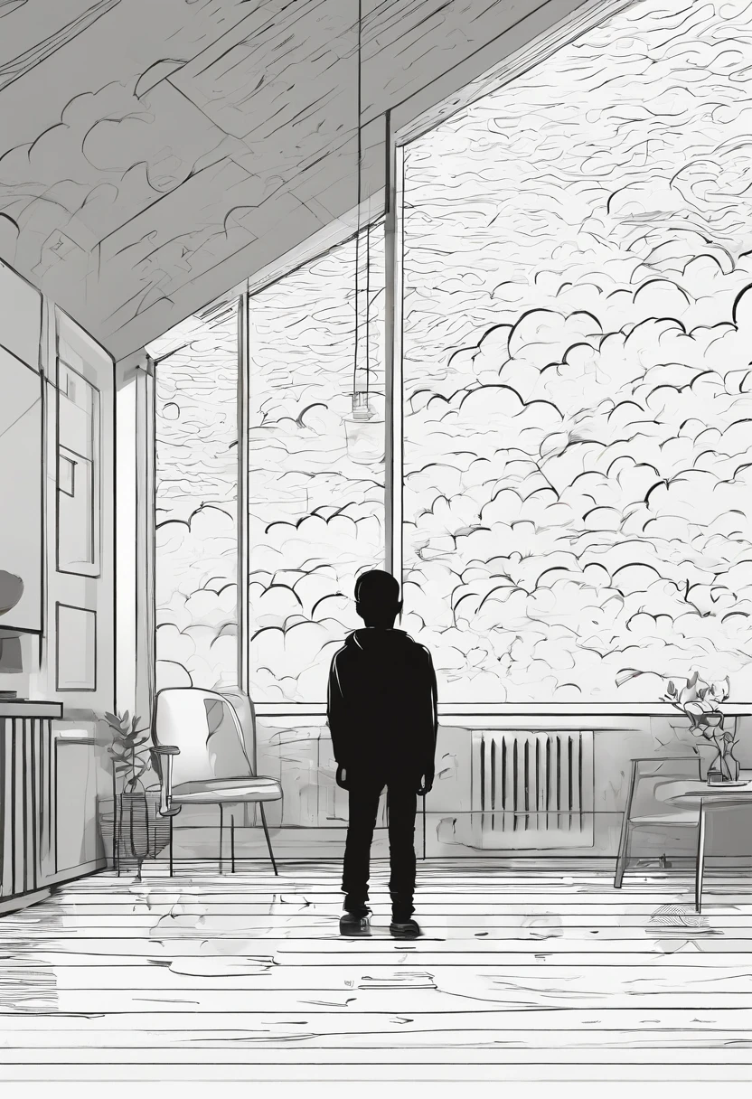 A room with clouds above it and raining, and a boy in the room with his hands tied and angry