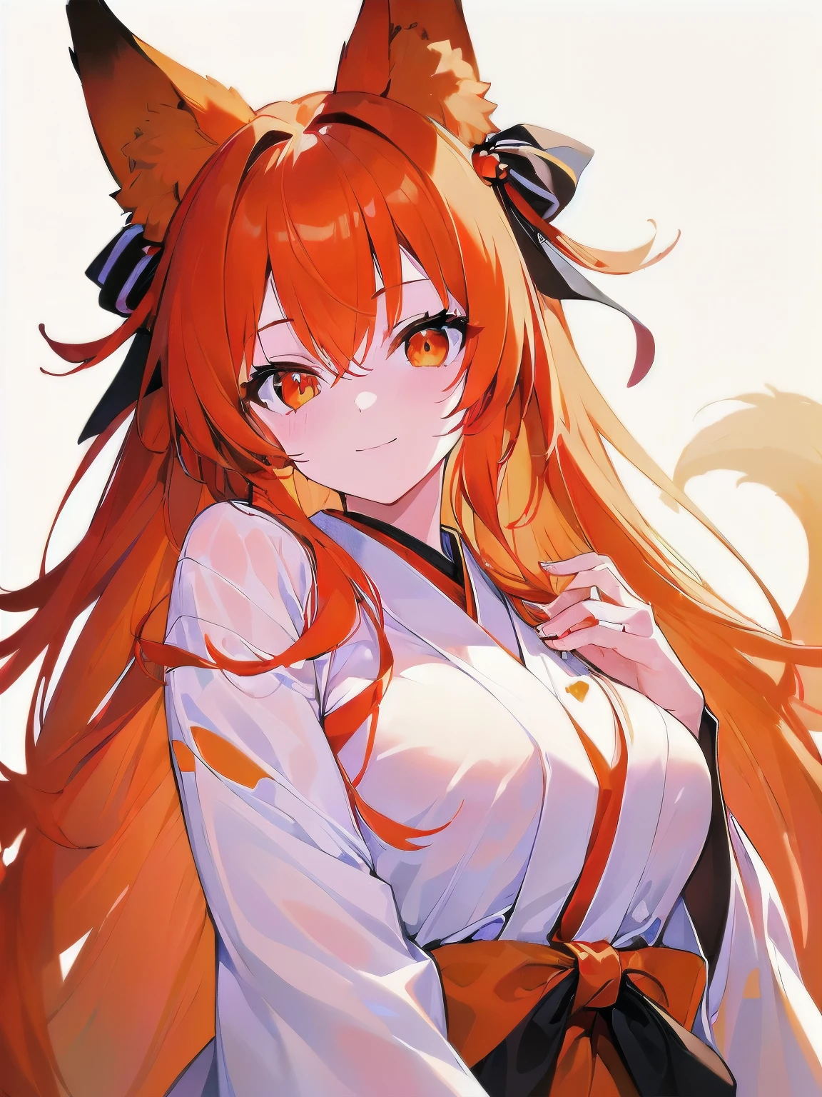 [(WHITE BACKGROUND:1.5),::5], ((((masterpiece)))), high quality, very_high_resolution, large_filesize, full color, breasts, from_below, focus on eyes, girl, woman, female, young, 20 years old, long hair, big hair, orange hair, light smile, fox_ears, (orange eyes), japanese_clothes,