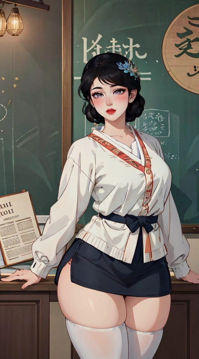(best quality,4K,8K,high resolution,masterpiece:1.2),Super detailed,(actual,photoactual,photo-actual:1.37),Kamado Nezuko,Sexy and seductive teacher,Beautiful and delicate eyes,Beautiful and delicate lips,long eyelashes,long black hair,Slim and curvy body,split,revealing clothes,short skirt,Tease underwear,confident posture,Conduct sex education,classroom environment,blackboard,Books and papers,Students are attentive,Participation and expressions of interest,focus、professional teaching,Educational posters on the wall,bright colors,studio lighting,soft warm tones,Gentle and cozy atmosphere