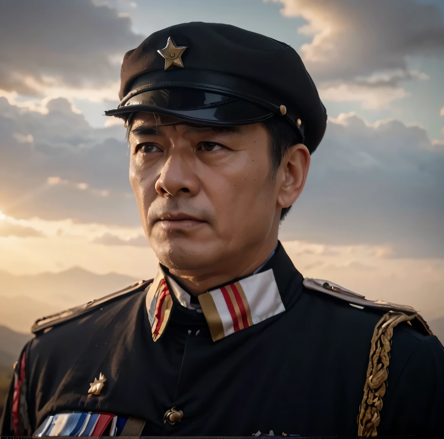 "A close-up of the leader's face, looking majestic and confident. His elaborate military uniform is partially visible, and the background features a dramatic sky with swirling clouds. The focus is on his powerful expression, radiating authority and charisma, while the dramatic sky enhances the grandeur of his presence."