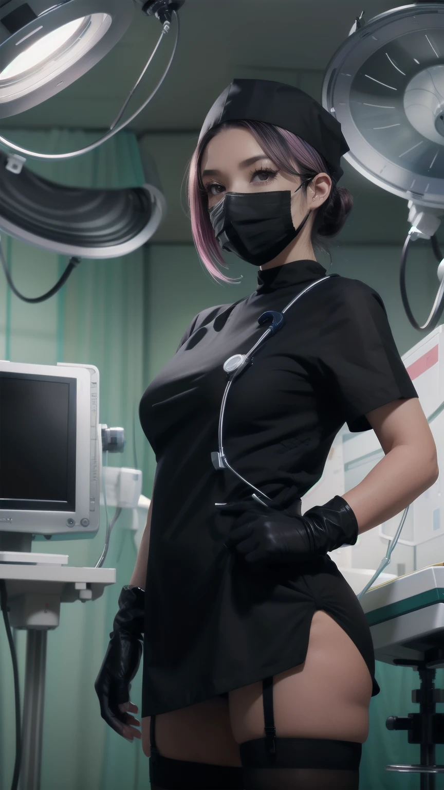 black nurse, 1 girl, alone, black nurse cap, Black Wear, ((black legwear, zettai ryouiki)), black elbow gloves, Random hairstyles, Random colored hair, pink eyes, ((Black surgical mask, Covered nose)), Are standing, ((operating room)), sharp outline, short sleeve, highest quality, masterpiece、netorare face、