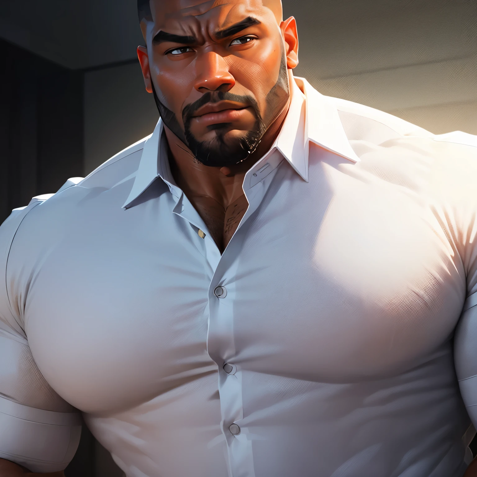 an exaggeratedly muscular and large bodyguard, beefy build, beard, dark-skinned african american male, buzzcut hair with square line, worried expression, (wearing white collared business shirt: 1.2), barely buttoned, (bara pecs: 1.3), (arm and chest hair: 1.1), close-up portrait HD, (modern fluorescent lecture hall)