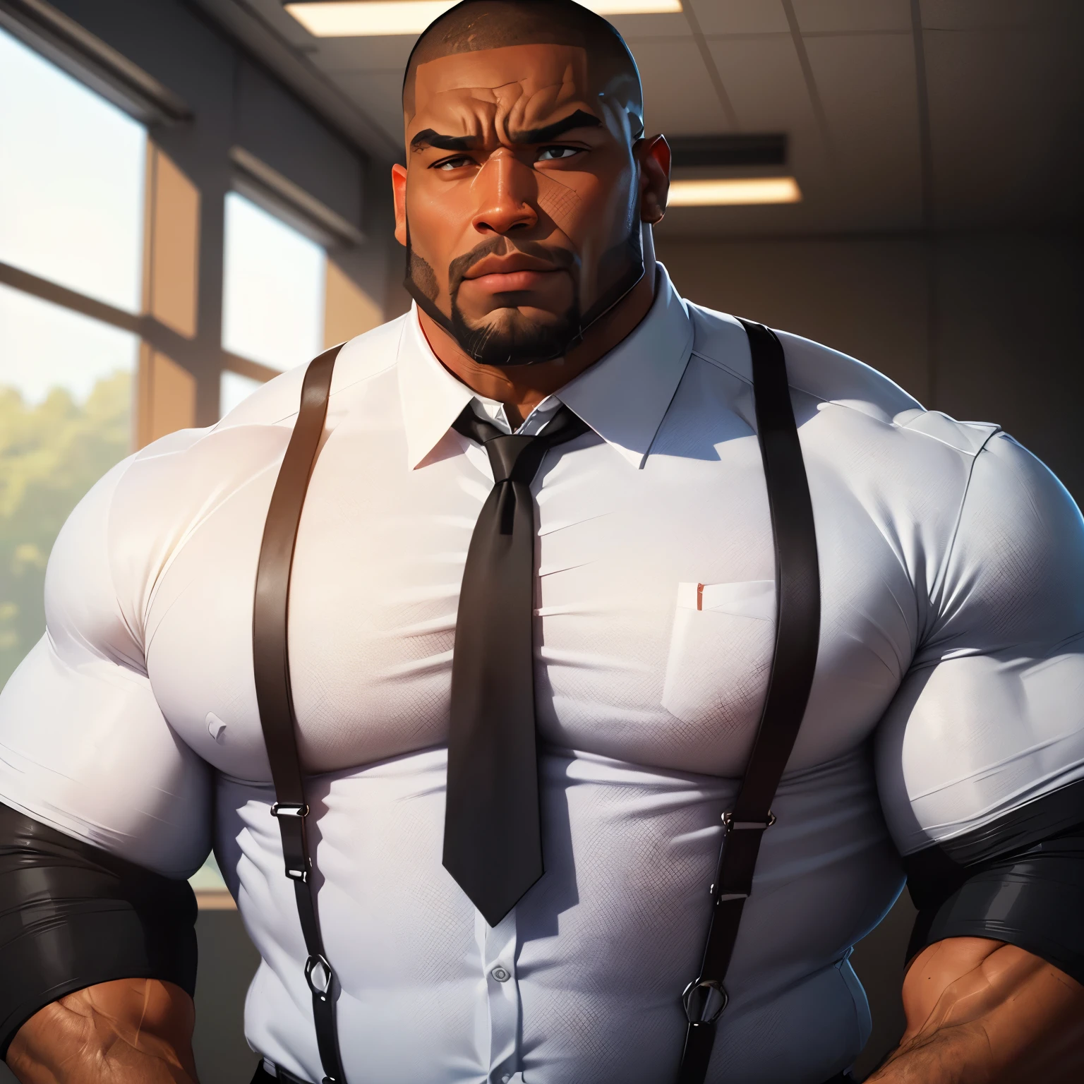 an exaggeratedly muscular and large bodyguard, beefy build, beard, dark-skinned african american male, buzzcut hair with square line, worried expression, (wearing white collared business shirt: 1.2), barely buttoned, (bara pecs: 1.3), (arm and chest hair: 1.1), close-up portrait HD, (modern fluorescent lecture hall)