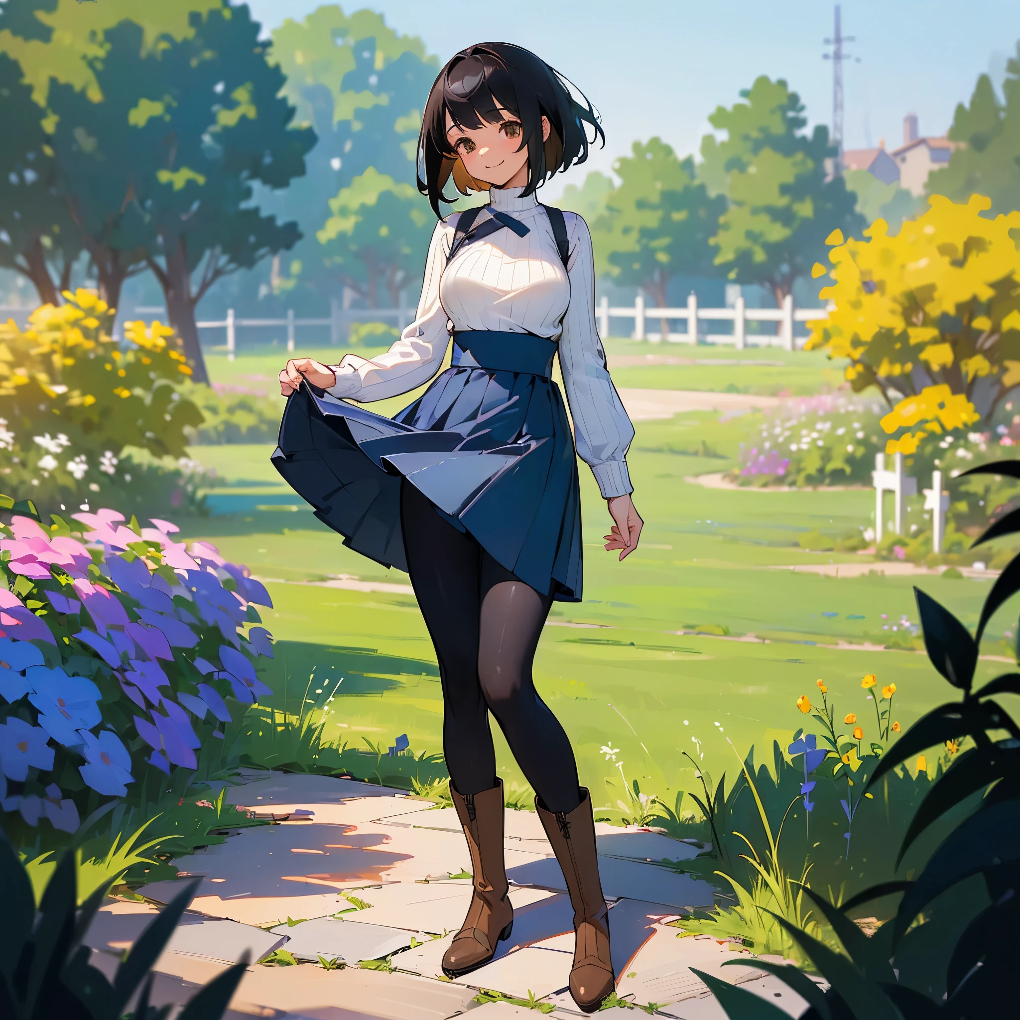 (high quality, High resolution, Super detailed, reality:1.37), peaceful atmosphere, (outdoor, garden), teenage girl standing alone, (my breasts are big.), Beautiful detail features, cute smile, (black bob hair), ribbed sweater, blue skirt, black tights, brown boots.