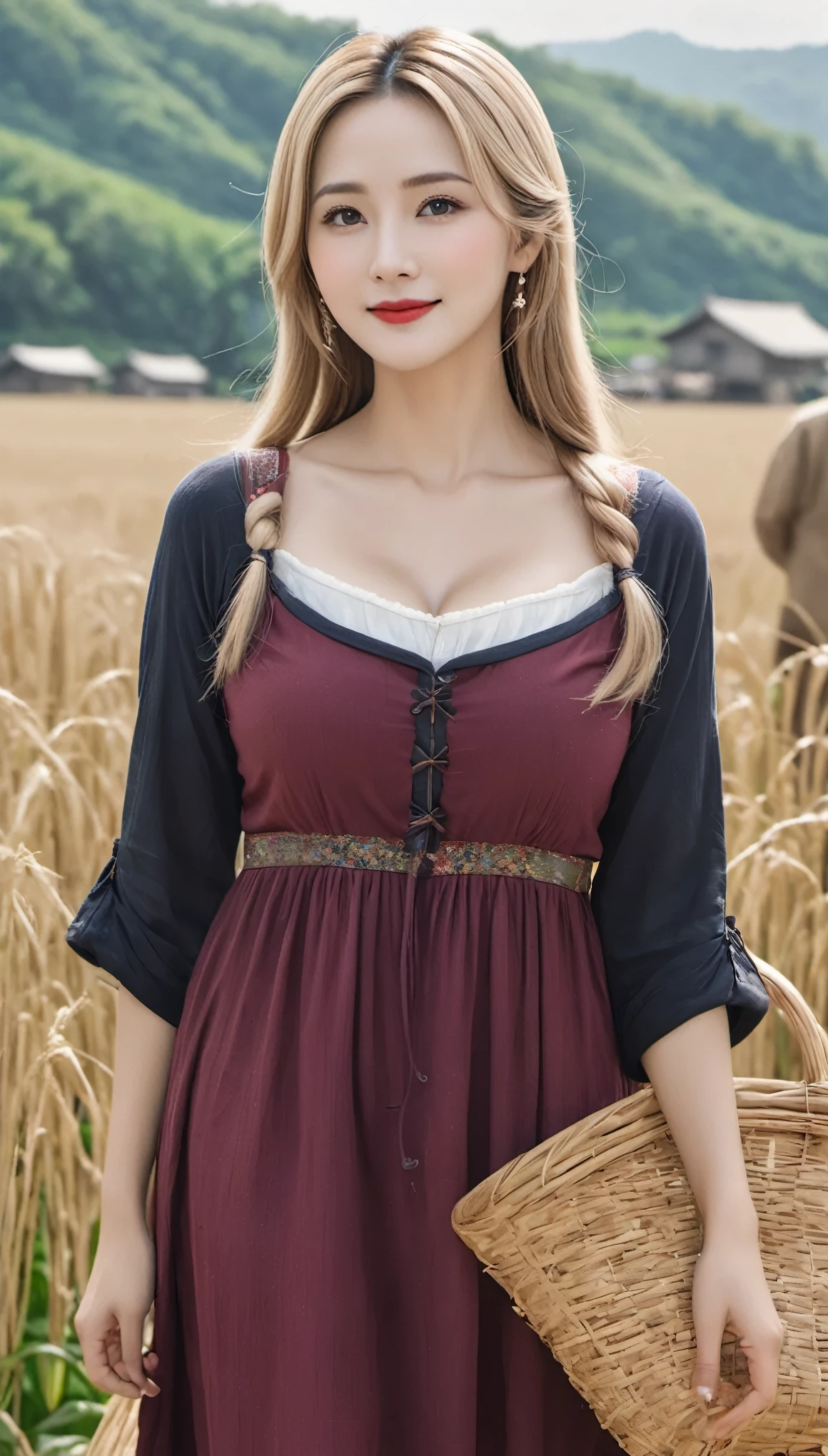 (((hyper real)))、ancient peasant woman、women in agriculture、(((Big big big boobs)))、(Easy to wear, modest clothing)、 Beautiful woman ((High level image quality)) High resolution、blonde mature、Very attractive mature woman、Attractive middle-aged woman、(((very big cleavage)))、Fine skin texture、超High resolution、Easy to wear clothing、plump body shape、Beautiful smile、中年Beautiful woman、beautiful expression、fine brown eyes、Fluffy long blonde hair、非常に繊細でFine skin texture、45 歳のancient peasant woman、((I'Village square meters))、women in agriculture、big cleavage、bright red lips、(Easy to wear clothing)、