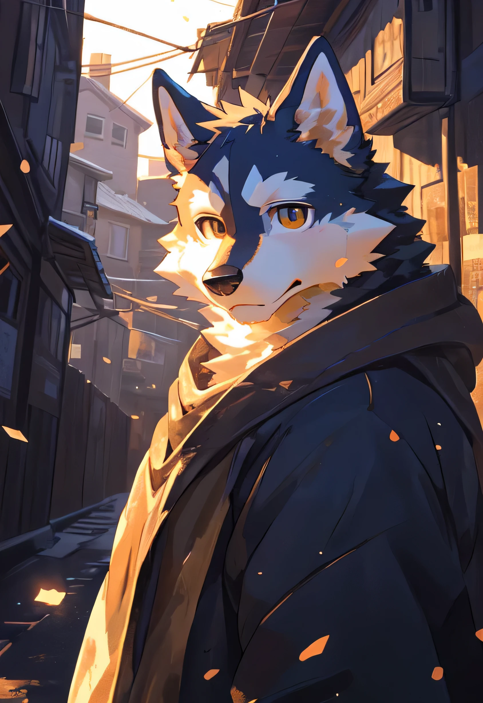 masterpiece, high quality, (Non-human male husky), (Orange colored body), looking at the viewer,,outdoor,particles of light, kemono, (cute),Orange fur,orange,orange