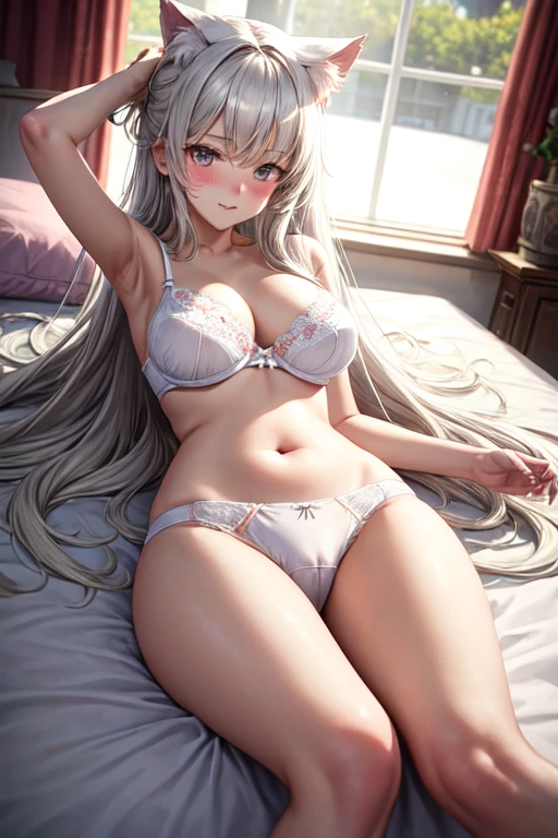 The lazy girl is lying down on the bed her long white hair flowing over her shoulders as she looks up at the camera with a slight blush on her face. Her cat ears have been hidden in her hair but are visible when she moves her head. She is wearing a tight white bra, tight white panties, and tight white socks. Her medium breasts are barely contained by the bra as she lays on her back. The light from outside shines in through the window and highlights her curves as she is inside a house next to a bed with pink sheets. High resolution, best quality, anime, anime girl