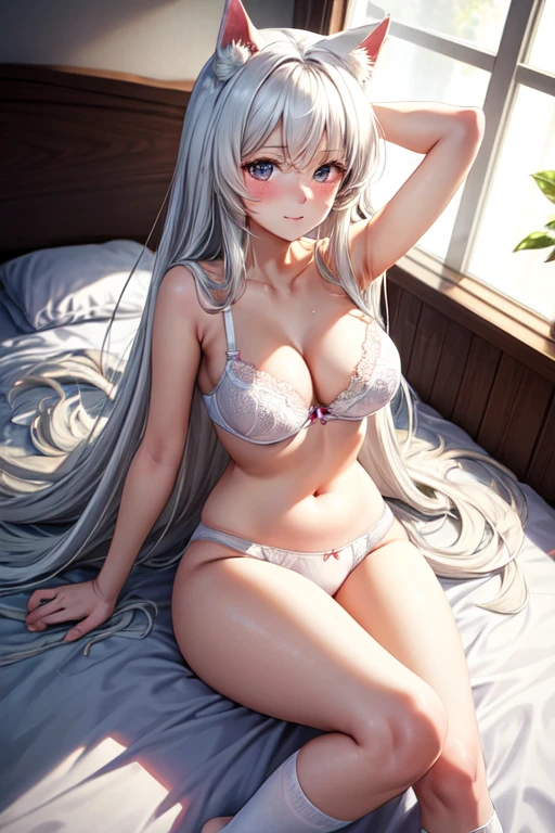 The lazy girl is lying down on the bed her long white hair flowing over her shoulders as she looks up at the camera with a slight blush on her face. Her cat ears have been hidden in her hair but are visible when she moves her head. She is wearing a tight white bra, tight white panties, and tight white socks. Her medium breasts are barely contained by the bra as she lays on her back. The light from outside shines in through the window and highlights her curves as she is inside a house next to a bed with pink sheets. High resolution, best quality, anime, anime girl