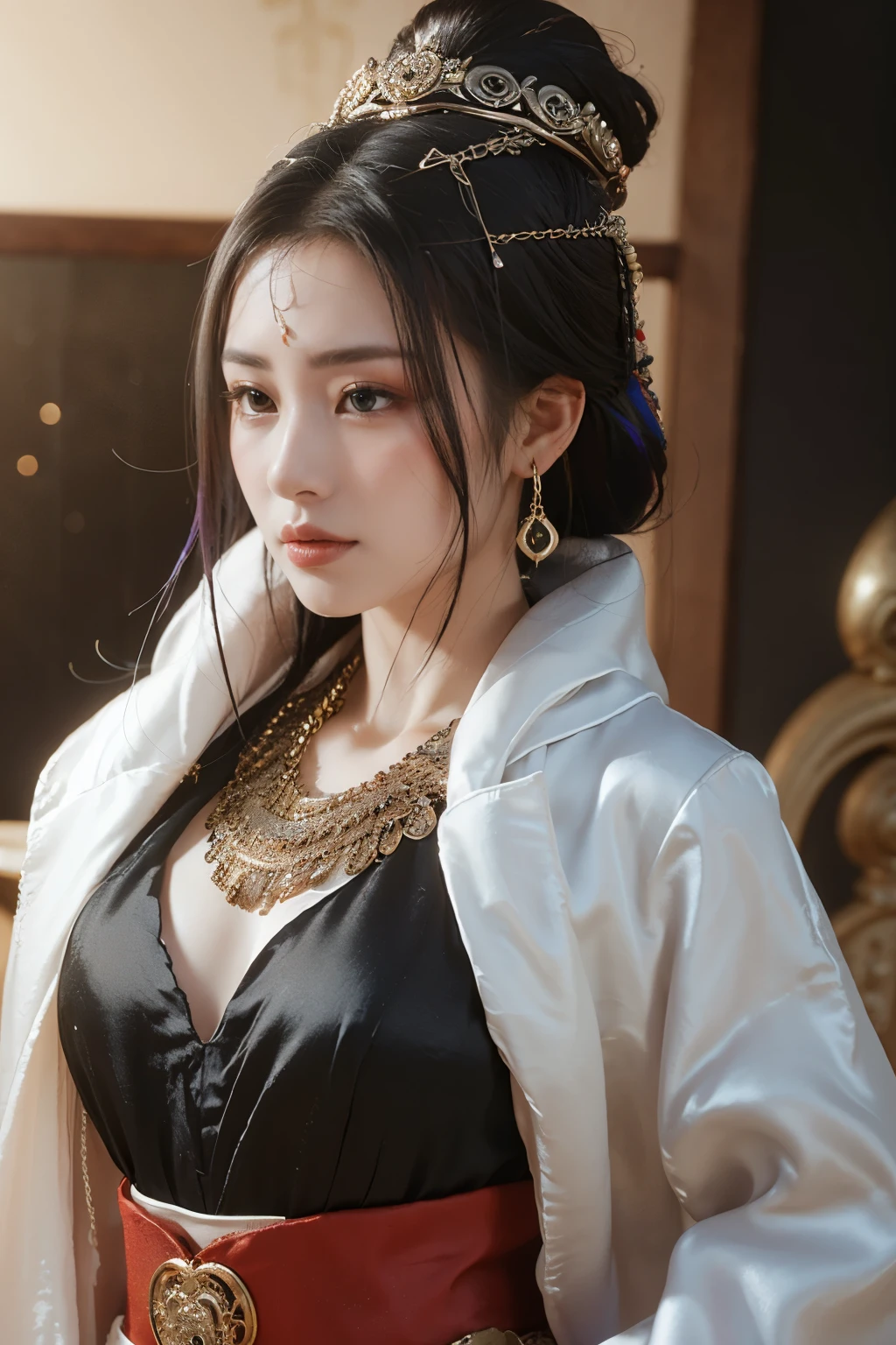 Game art，The best picture quality，Highest resolution，8K，((A bust photograph))，((Portrait))，((Head close-up))，(Rule of thirds)，Unreal Engine 5 rendering works， (The Girl of the Future)，(Female Warrior)， 22 year old girl，(Ancient Chinese women)，(Rainbow hair，Ancient Oriental hairstyle)，((The pupils of the red eyes:1.3))，(A beautiful eye full of detail)，(Big breasts)，(Eye shadow)，Elegant and charming，indifferent，((Anger))，(A silk coat with ancient Chinese style，Bellyband，The clothes are decorated with patterns with Chinese characteristics，A flash of jewellery，White)，(The clothes are made of silk:1.5)，figure，fantasy style， photo poses，city background，Movie lights，Ray tracing，Game CG，((3D Unreal Engine))，OC rendering reflection pattern