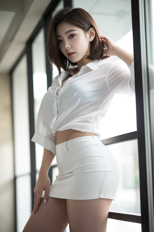 ((highest quality, 8K, masterpiece :1.3)), ((Beautiful Japanese women 1.2)),full body portrait,((Beautiful face 1.3)), delicate face, beautiful face,Natural Beauty,elegant face, beautiful eyes,((Well-formed eyes 1.2)),Beautiful eyebrows,beautiful mouth,Natural makeup,sense of cleanliness,small breasts, flat chest, small breasts,(Short Distance Hair 1.4),short hair,short hair型,brown hair,23 year old female, slim body shape, small bust,thin legs,beautiful legs,Slatted Legs,transparent dress shirt,underwear,Open your heart wide,white short skirt,(((Miniskirt 1.3))),barefoot,standing position,indoor