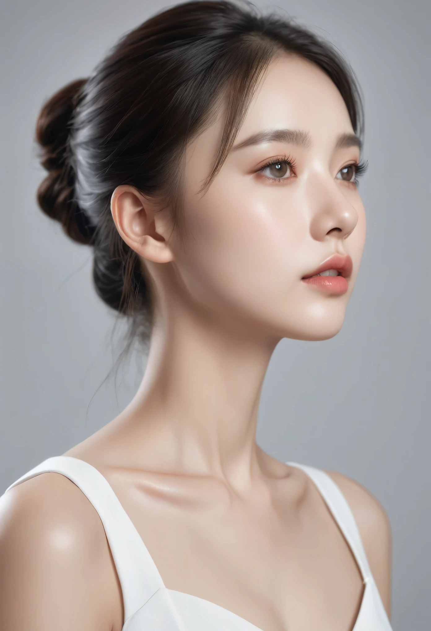 ((Best Quality, 8K )), A young cute profile woman, photorealistic, side view, portrait, ultra realistic, high detailed, high detailed skin, high quality, white dress,high detailed skin, high quality, delicate eyes, double eyelids,