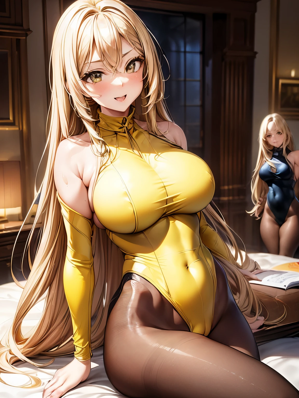 sexy woman、(Blonde Hair Woman)、straight hair woman、Long hair woman、((Beautiful busty woman:1.3))、(A woman wearing a yellow high-neck leotard:1.6)、nice sexy body、one woman、woman wearing brown pantyhose、Woman with a big smile