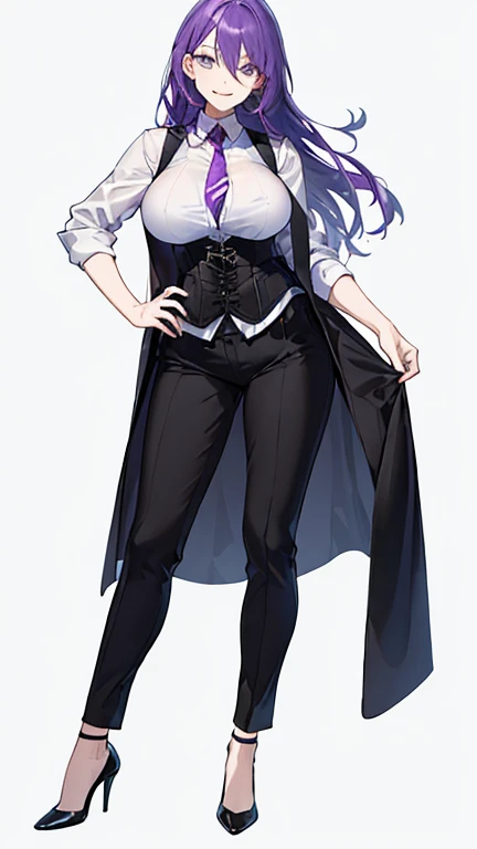 Purple hair woman,long hair,Dressed as a bartender,black vest,corset,shirt,tie,slightly larger breasts,pants,pants,high heels,simple background,smile,whole body,full body,full body,Standing picture,vtuber,front,from front,With your eyes facing forward,Standing up straight and looking straight ahead,