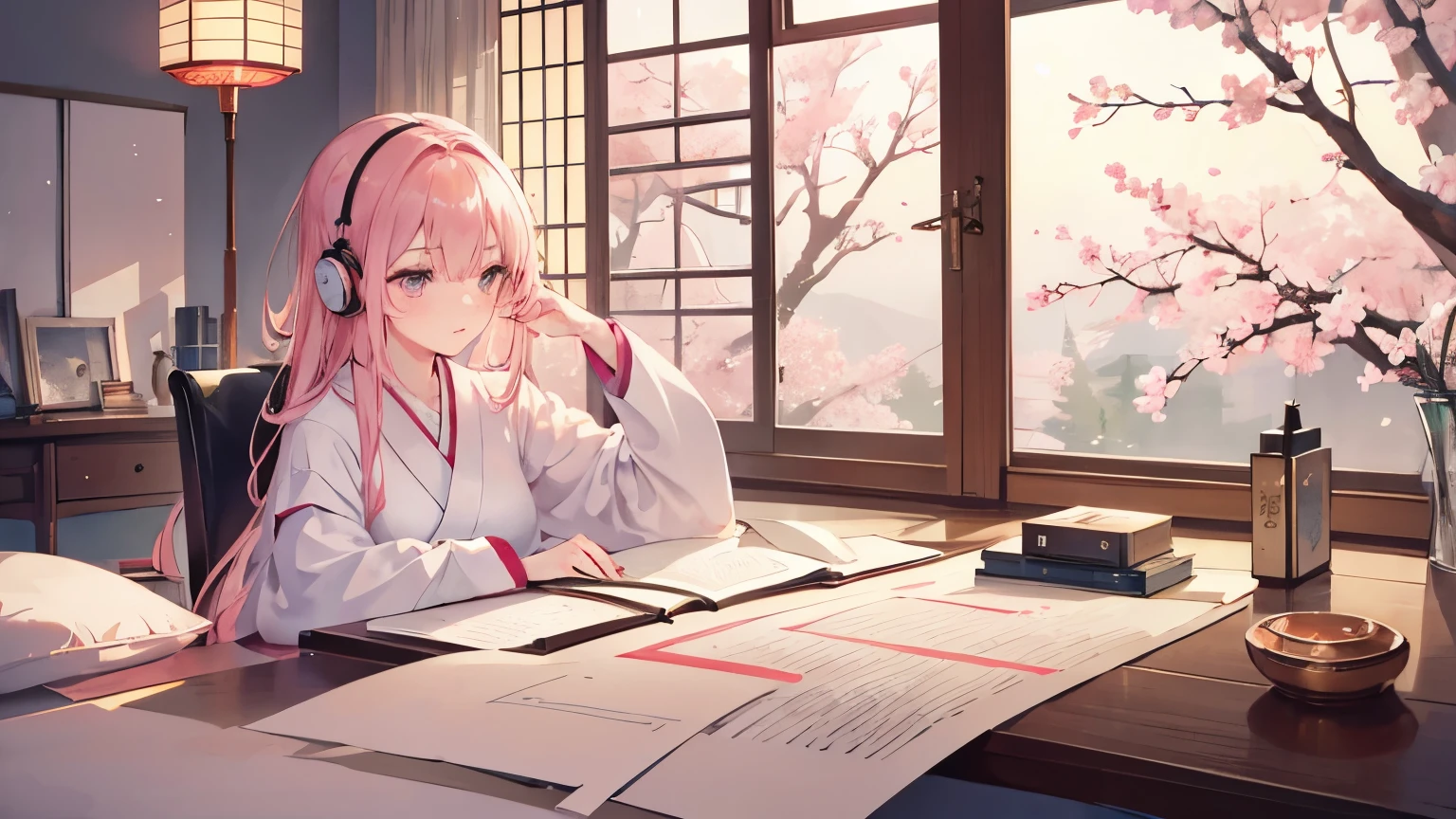 A girl studying in a room while listening to music, with a beautiful night sakura view through the window,high-res,ultra-detailed,realistic,study,beautiful detailed eyes,beautiful detailed lips,longeyelashes,peaceful atmosphere,paper and textbooks,soft glow of lamp light,cozy ambiance,traditional wooden desk and chair,relaxing music,concentration,peace of mind,serene mood,light filtering through the window curtains,Japanese-style room,soft and warm colors,natural lighting,subtle shadows,subdued yet vibrant colors,gentle breeze,gentle sound of cherry blossom petals falling,quiet and tranquil setting,natural beauty,pastel color palette,calm environment,serenity.
