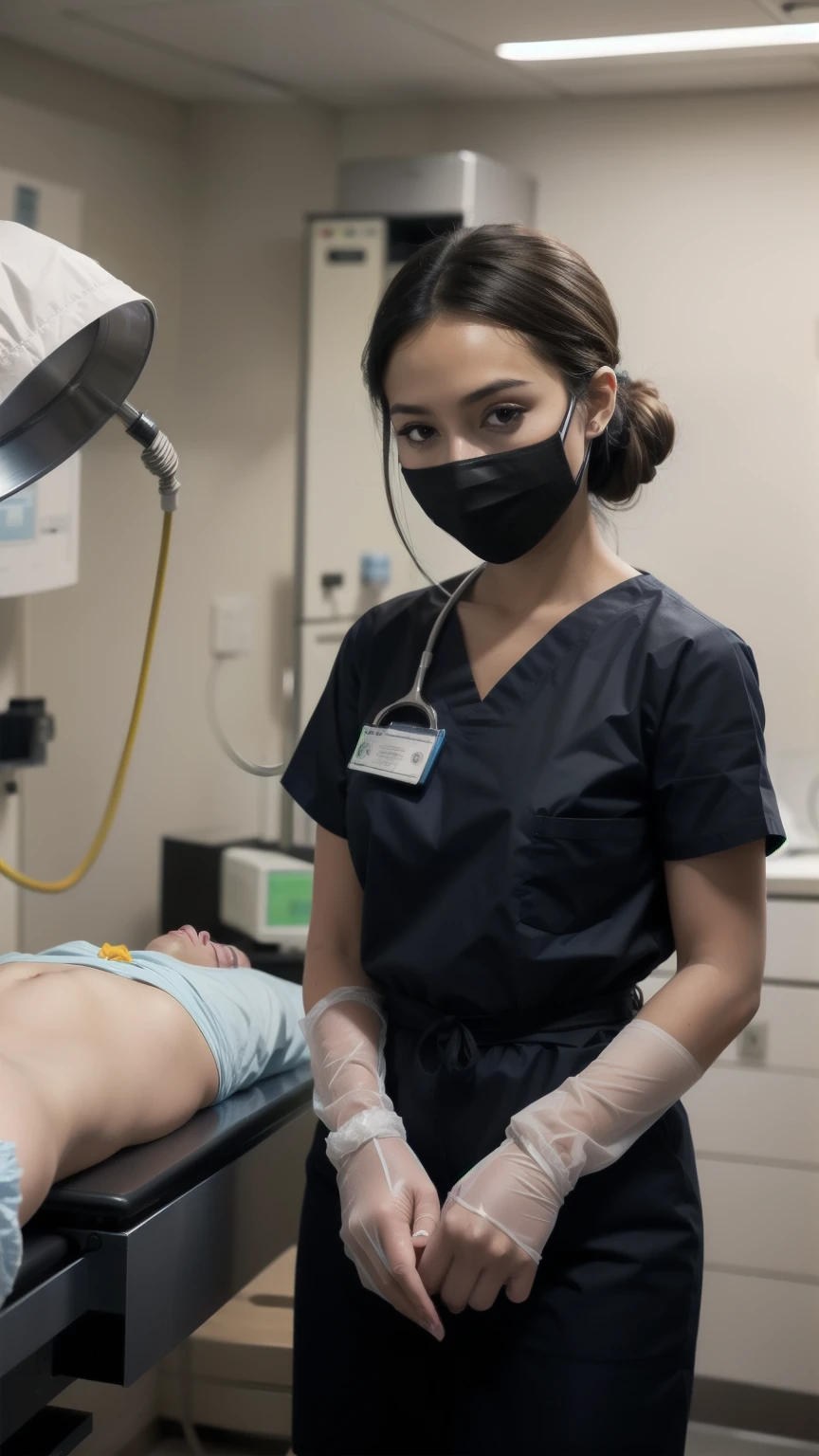 black nurse, 1 girl, alone, black nurse cap, Black Wear, ((black legwear)), black elbow gloves, Random hairstyles, Random colored hair, ((Black surgical mask, Covered nose)), Are standing, ((operating room)), sharp outline, short sleeve, highest quality, masterpiece