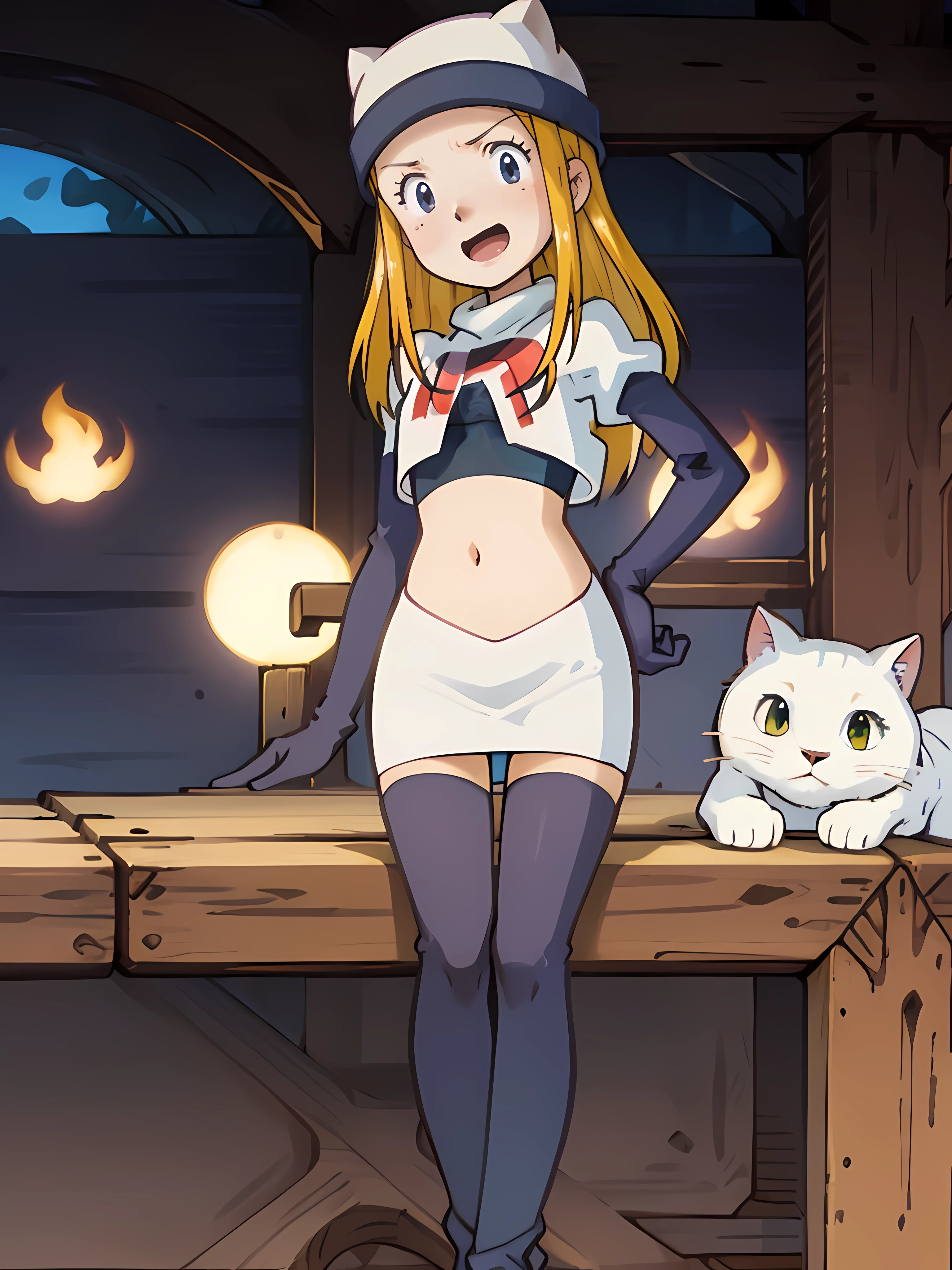 Izumi Orimoto, 1girl, yellow eyes, blonde hair, longt hair,   glossy lips, white cat hat, medium size breats, team rocket uniform, red letter R, white skirt,white crop top,black thigh-high boots, black elbow gloves, seated, sexy pose