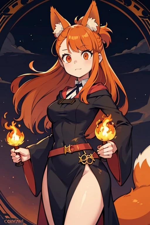 An orange haired female witch with copper eyes and hourglass figure with orange fox ears and an orange fox tail in a conservative Victorian dress is practicing fire magic at night. 