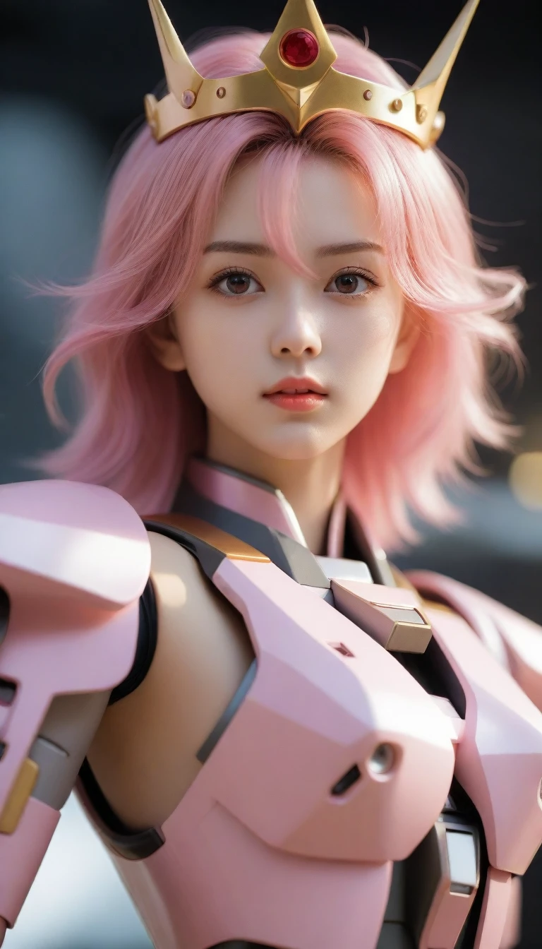 (8K, original photo, best quality, masterpiece), ultra high resolution, (actual, photo-actual), 1 girl, emotionless, alone, pink hair, yellow eyes, professional lighting, detailed lighting, backlight, depth of field, natural lighting, sharp focus, Two meters shooting distance, Take photos professionally, delicate eyes, actual eyes, Detailed shadows, CG games, role play, pink clothes with arm ring,  sling, Upper body, pink clothes, External, crown, Gundam, Mecha, 