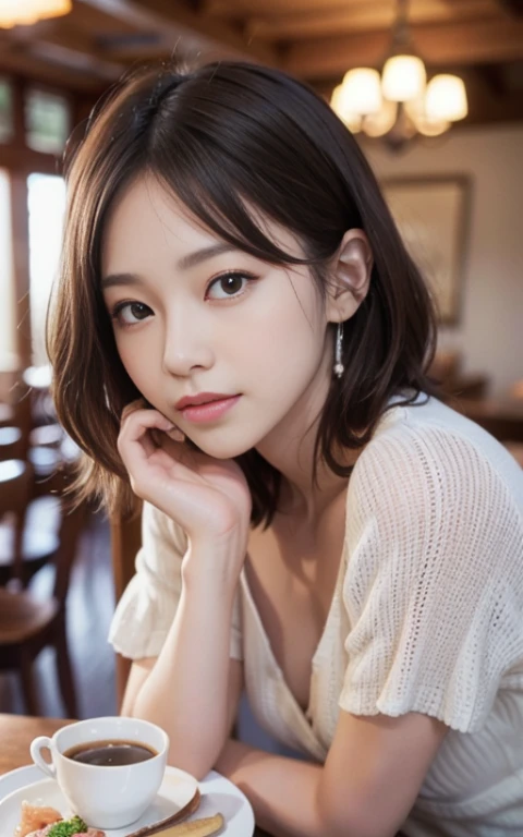 Cute Japanese 21 years old、drink coffee at a cafe、nice cafe、face is very thin、pay attention to detail、double eyelid、beautiful thin nose、sharp focus: 1.2、Beautiful woman: 1.4、(light brown hair、short hair、 )、pure white skin、highest quality、masterpiece、超High resolution、(Photoreal:1.4)、High resolution、professional lighting、nice smile、Show your whole body、cute spring clothes、Dress in bright colors、Arafe woman sitting at a table with a plate of food and coffee、cute young woman、gorgeous young korean woman、cute young woman、beautiful young korean woman、cute - detailed - face、girl portrait、young and cute girl、Young Asian woman、young asian girl