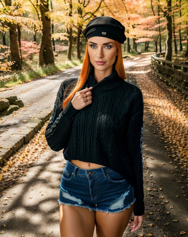 Allein, Meisterwerk, Best quality, mittlere Aufnahme, Beautiful Mikaylademaiter in an autumn forest, beautiful waterfall, Sitzen auf Parkbank, (perfektes Gesicht, fit, (Black cap:1.2), (schwarzer Strickpullover:1.3), (Jeansshorts)), Bright orange trees