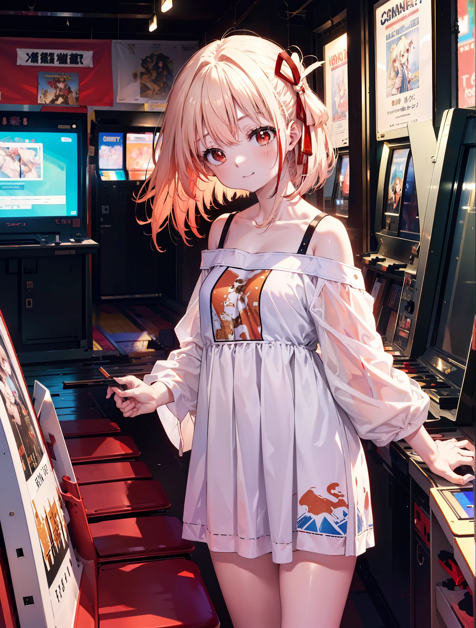 chisatonishikigi, nishikigi chisato, bangs, blonde hair, (red eyes:1.5), hair ribbon, one side up, long hair,happy smile, smile, open your mouth,off shoulder dress,shorts,short boots,足を組んでChairに座っている, game_center, scenery, arcade cabinet, Chair, poster (object), indoor ,s4g4m1,
break outdoors, city,
break looking at viewer, (cowboy shot:1.5),
break (masterpiece:1.2), highest quality, High resolution, unity 8k wallpaper, (shape:0.8), (fine and beautiful eyes:1.6), highly detailed face, perfect lighting, Very detailed CG, (perfect hands, perfect anatomy),