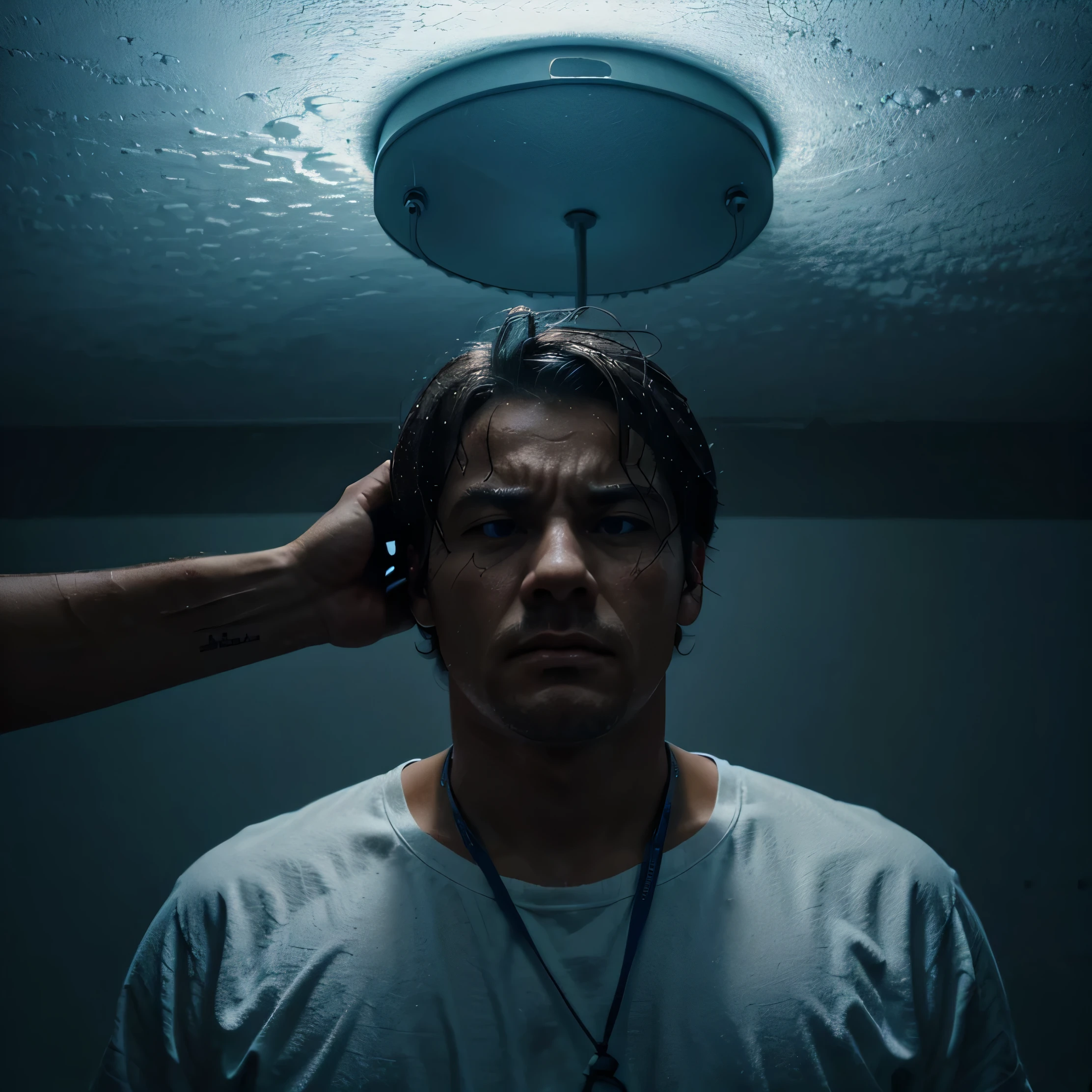A room above which there are clouds and it is raining and a man in the room has his hands tied and is angry. The color of the clouds is blue