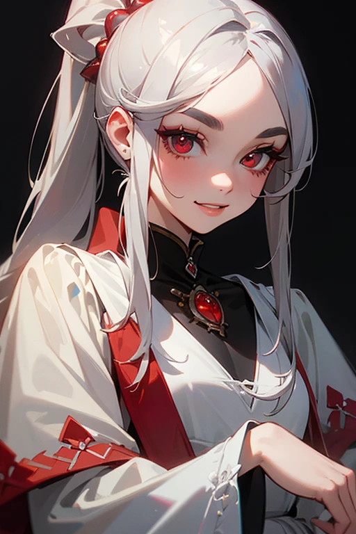 (highest quality, masterpiece:1.2), High resolution, Super detailed, realistic:1.37, fantasy, An illustration,gray hair、 red eyes、Queen, white dress、platinum decoration、beautifully、Eyeshadow Red、dark eyebrows、long eyelashes、pupils are black、shiny on the lips、upper site、Queen、Princess、ponytail、gentle smile、Show your teeth a little and smile、soft expression、It is loved by the people、