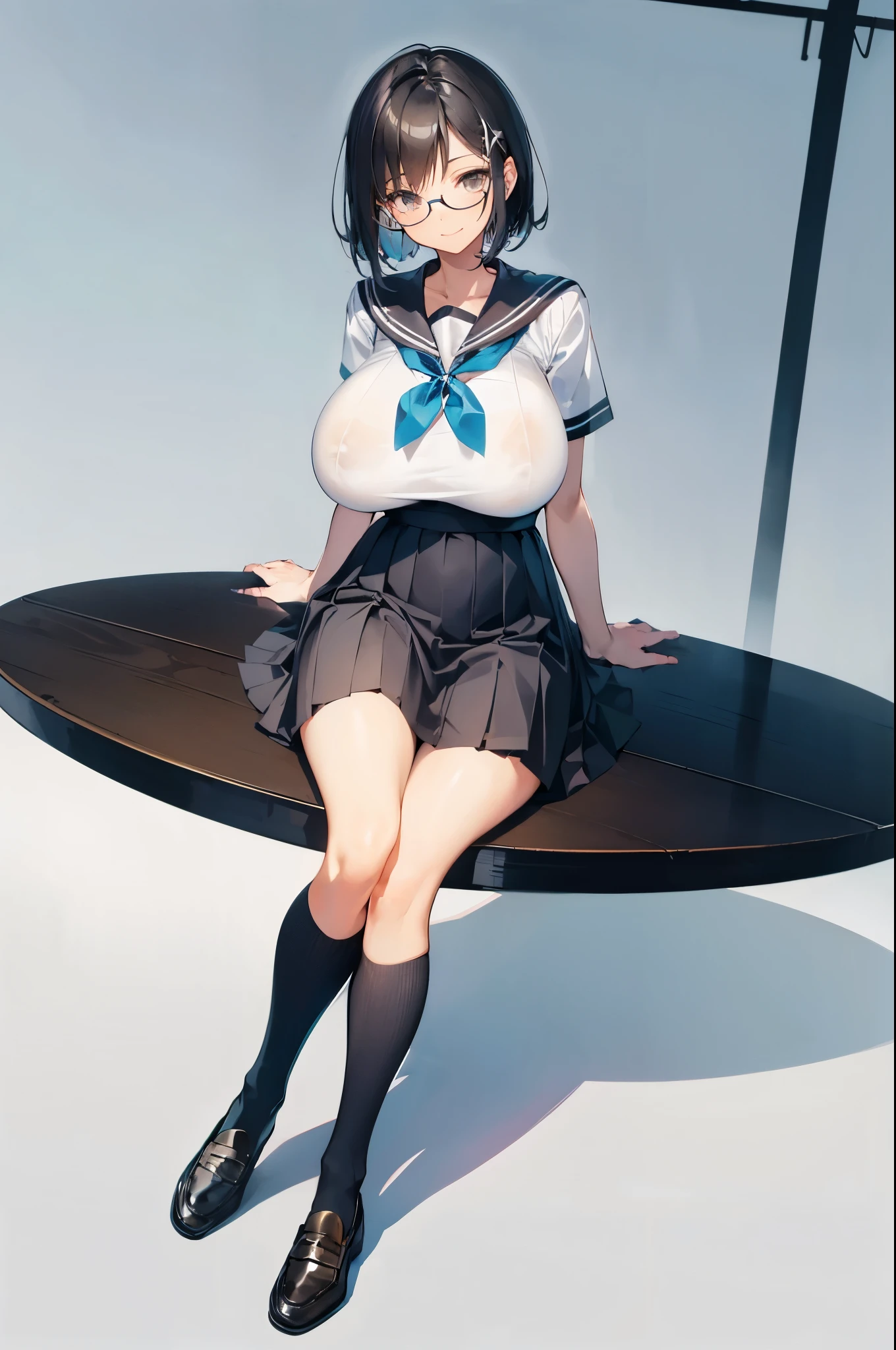 1 girl, glasses, (full body:1.2), sitting, (angle from below:1.1), (angle from the side:1.1), smile, (slim body:1.2), (huge breasts:1.5), (slender and long legs:1.1), black hair, short hair, high , sailor, pleated skirt, (blue socks:1.1), brown loafers,